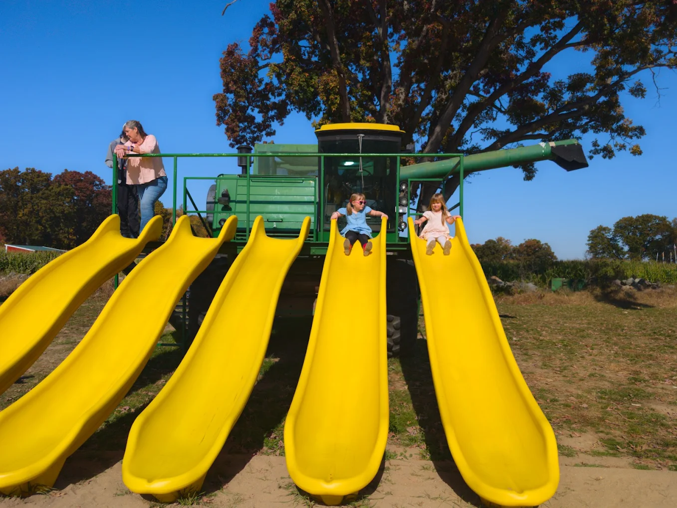 Kids on the yellow combine slides at the Fun Farm